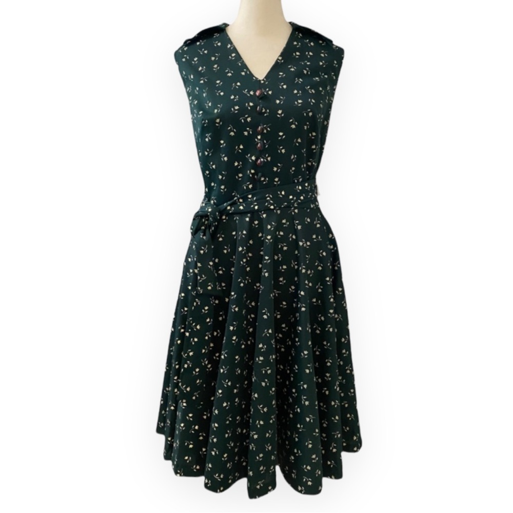 Vintage 60s / 70s Pinup Green Floral Button Dress - size women's 16 - medium - Picture 3 of 11